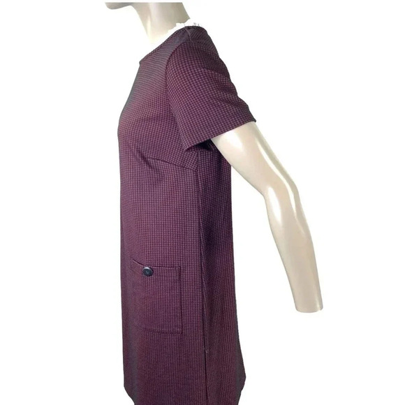 LOFT Houndstooth Tunic Shift Knit Dress Short sleeve Ruffle Neck Burgundy Size 6 - Picture 5 of 14